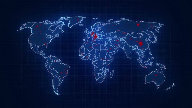 Video animation of a world map showing the outbreak of the coronavirus - with red dots of infected locations - screen