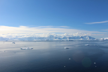 Icebergs and mountains along the Gerlache Strait on the Danco Coast, Antarctica