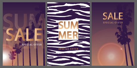 Hot summer sunset poster templates universal design with palm trees