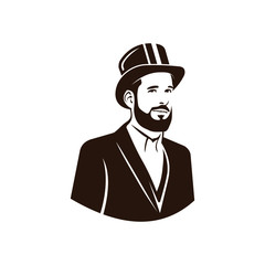 Bearded man logo design. Awesome man logo. A man with suit and hat logotype.