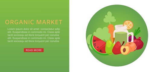 Organic market of fresh healthy food products for vegetarians, vegetables and fruits web banner cartoon vector illustration. Organic market carrot, apples and pomegranates fruity juices web banner.
