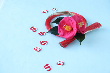 赤と金色の水引リースとピンクの椿（直径10㎝の大きな花）