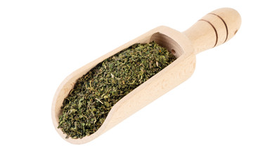 dried nettle herb or in latin Utricae folium in wooden scoop isolated on white background....