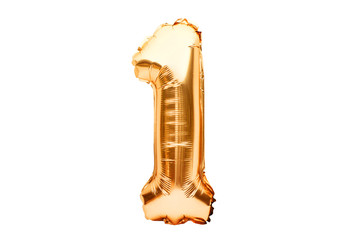 Number 1 one, made of golden inflatable helium balloon. Gold foil balloon font part of full set of numbers, isolated on white. Birthday party celebration, sales and discounts concept