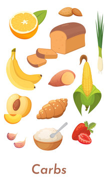 Carb food set. Vector carbs icons collection. Diet, delicious meal from carbohydrate group.