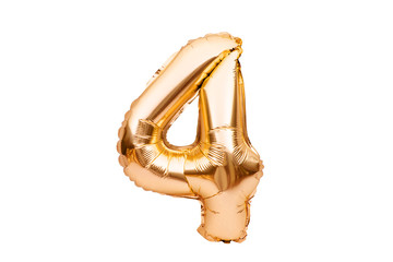 Number 4 four, made of golden inflatable helium balloon. Gold foil balloon font part of full set of...