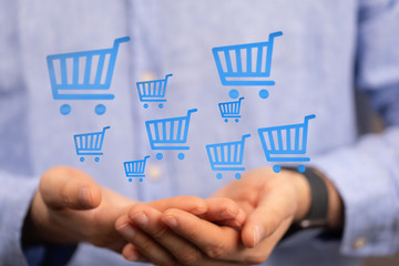 Online shopping business concept selecting shopping cart.
