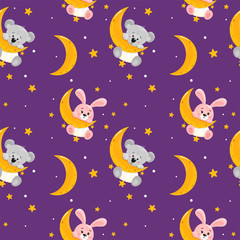 Cute seamless pattern with baby bunny and teddy bear on the moon. Toddler animals in diaper. Vector pattern.