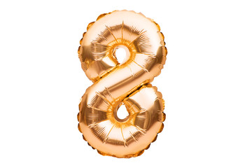 Number 8 eight, made of golden inflatable helium balloon. Gold foil balloon font part of full set of numbers, isolated on white. Birthday party celebration, sales and discounts concept