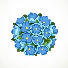 Round bouquet of blue flowers forget me not isolated on white background
