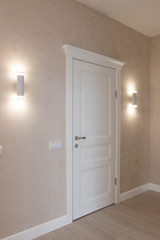  Modern white door. Gray wall with free space. Minimalist bright interior