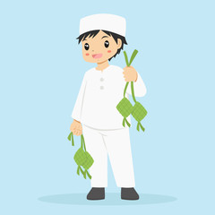Happy Muslim boy in white clothes and hat holding ketupat on both hands celebrating Ramadan, cartoon vector.