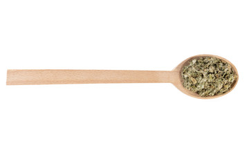 dried artichoke leaves or in latin Cynarae folium in wooden spoon isolated on white background. medicinal healing herbs. herbal medicine. alternative medicine