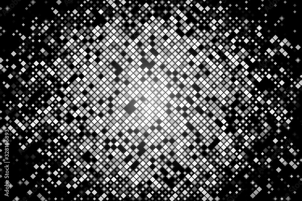 Poster abstract illustration with small squares and pixels.