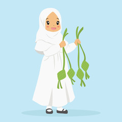 Happy Muslim girl in white dress and hijab holding ketupat on both hands celebrating Ramadan, cartoon vector.