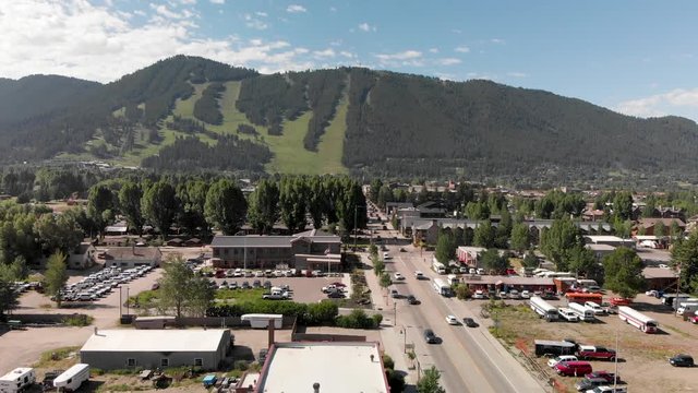 JACKSON HOLE, WY - JULY 8, 2019: Aerial view of town and surrounding landscape on a beautiful summer morning