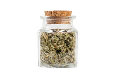 dried artichoke leaves or in latin Cynarae folium in a glass jar isolated on white background....