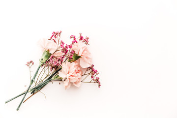 bouquet of flowers on the white background, symbol of love, pink or beije carnations and small decoration branch