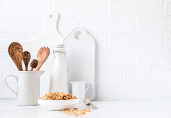 Granola, muesli with vegetable milk. Breakfast, snack.Concept of healthy and dietary nutrition.