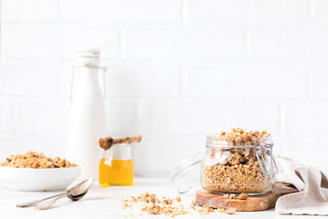 Granola, muesli with vegetable milk and honey. Breakfast, snack.Concept of healthy