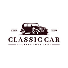 Obraz premium Classic/vintage car vector design inspiration. Auto car logo design template. Classic vehicle symbol logotype. A classic car symbol silhouette. Vintage car simple line art logo.