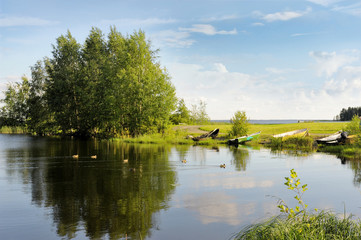 Fototapeta na wymiar Ducks Swimming in the Lake Pyhaselka Surrounded by Trees, Boats, Water Grasses and Grassland under Cloudy Sky in Joensuu, Northern Karelia, Finland at Summer Afternoon in June 2019