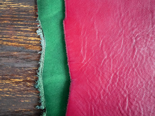 Pink. Green skin. Design. Production of leather goods. Vegetable tanned leather. Leather texture.