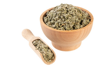 dried artichoke leaves or in latin Cynarae folium in wooden bowl and scoop isolated on white background. medicinal healing herbs. herbal medicine. alternative medicine