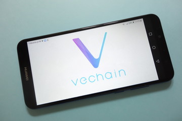 KONSKIE, POLAND - November 17, 2018: VeChain (VET) cryptocurrency logo displayed on smartphone