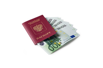 Russian travel passport with money(EURO). Travel preparation. Isolated background