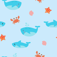 Childish Sea Seamless Pattern Wallpapaper or Background, with Sharks, Whales, Crabs and Starfishes