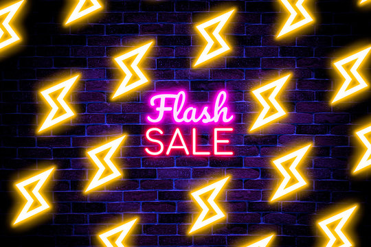 Flash sale neon banner with seamless pattern, night bright advertising, light banner.  for discount.