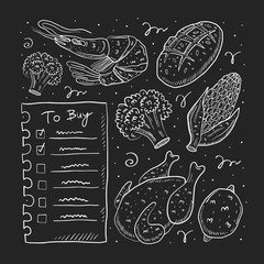 To buy list hand drawn doodle vector illustration, design element, icon, sticker. Isolated on dark background. Chalkboard drawings. Checklist, chicken, broccoli, corn, shrimp, bread. Market, shop.