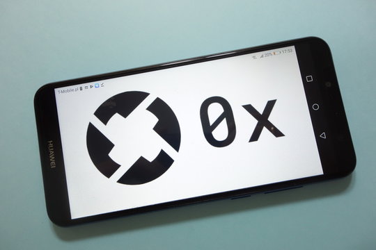 KONSKIE, POLAND - November 17, 2018: 0x (ZRX) cryptocurrency logo displayed on smartphone