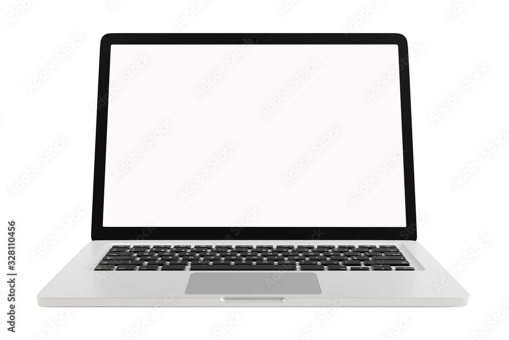 Poster modern computer laptop open white screen isolated with clipping mask on white background for present