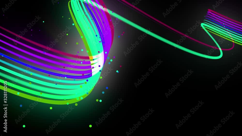 Poster multi-colored neon lines of ribbon fly in the air, smoothly oscillation and wave. lines color change