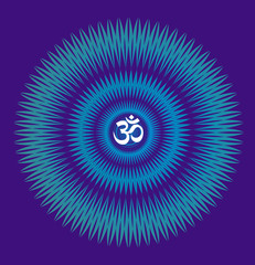 Сircle openwork mandala. Blue colors. Sign Aum / Om / Ohm in center. Spiritual esoteric symbol. Vector graphics art. 