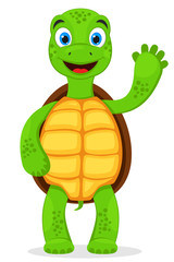 Turtle stands on its hind legs and waves affably. Character on a white background.