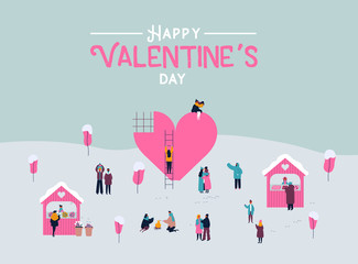 Valentine's Day greeting card. Crowd of people in love with valentines gifts, diverse couples and romantic activities on winter landscape. Flat cartoon style illustration.