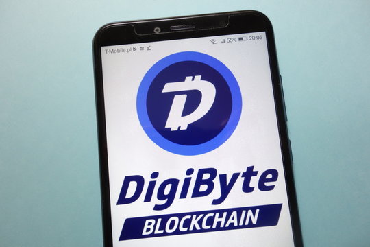 KONSKIE, POLAND - November 17, 2018: DigiByte (DGB) cryptocurrency logo displayed on smartphone