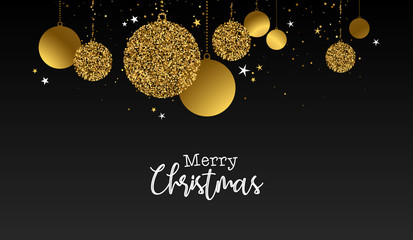 Merry Christmas gold glitter greeting card illustration of xmas ornament baubles with holiday message.