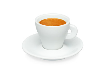 White cup of espresso with saucer isolated on a white background.
