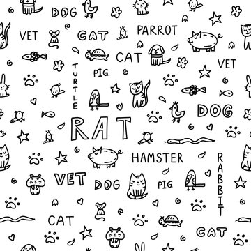 Doodle about veterinary; cat, dog, hamster, parrot, rabbit, pig, hare, fish, medications, mouse, rat, turtle. Vector seamless pattern 