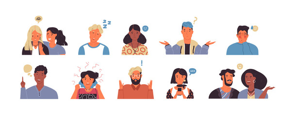 Set of diverse people expressing emotions on isolated background. Flat cartoon characters in different feelings. Includes sad, happy, tired and creative emotion.