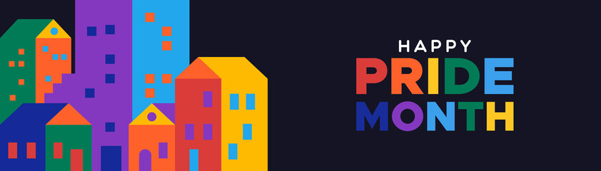 Happy pride month illustration of colorful rainbow city for gay rights event or celebration.