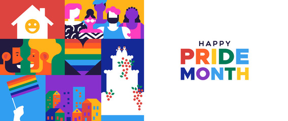 Happy Pride month banner for lgbt rights or social issues event in june. Colorful  mosaic illustration includes gay couple, diverse people group and more.
