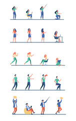 Set of cartoon people in different poses of activity flat vector illustration. Men and women standing, running, showing, working, reading on white background. Lifestyle and action concept