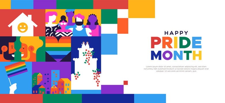 Happy Pride month landing web page template for lgbt rights or social issues event in june. Colorful  mosaic illustration includes gay couple, diverse people group and more.