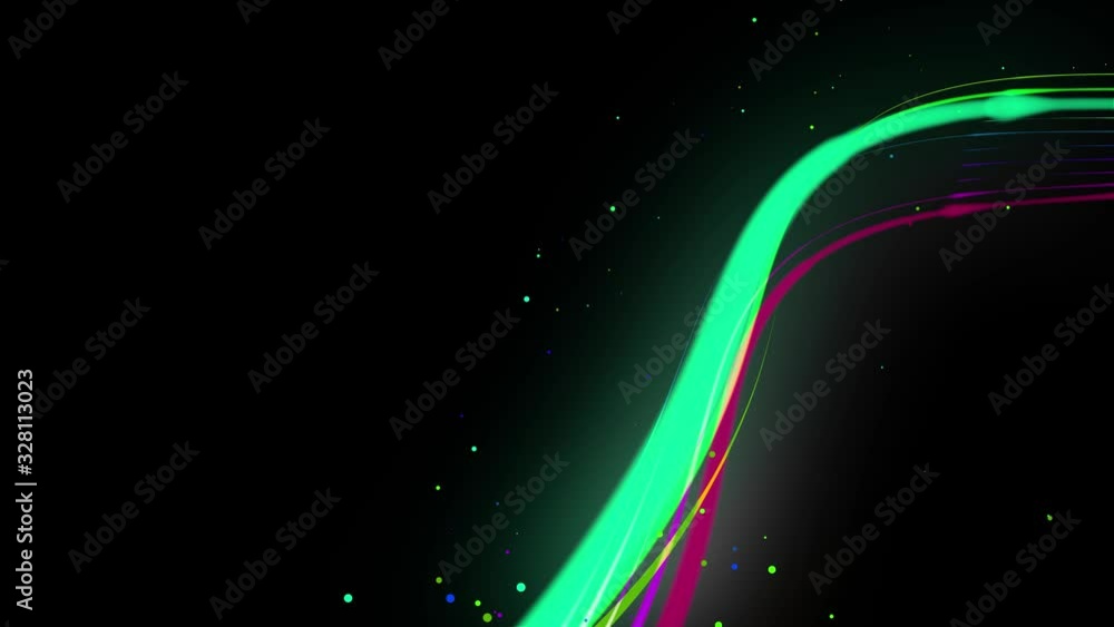 Poster multi-colored neon lines of ribbon fly in the air, smoothly oscillation and wave. lines color change