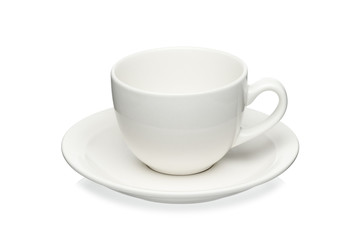 White cup and saucer isolated on a white background.